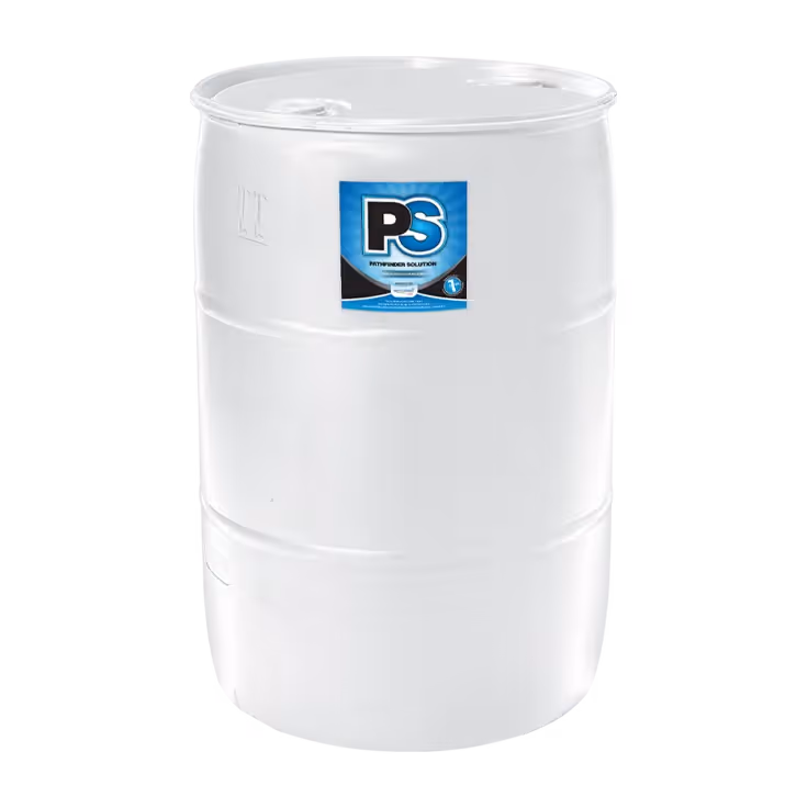 White industrial barrel with a blue and black Pathfinder Solution label on the front.