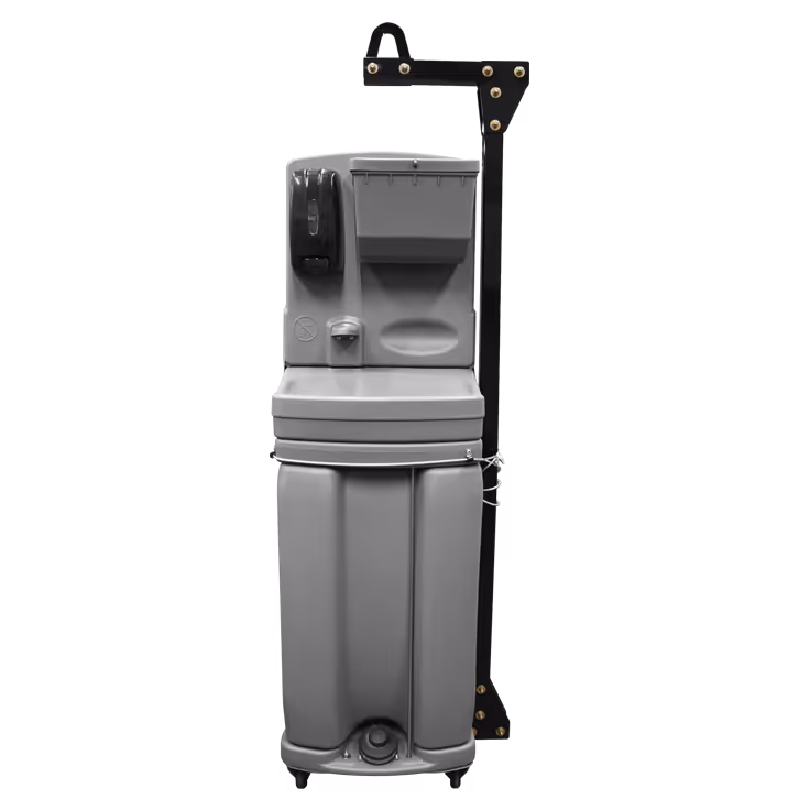 Gray portable handwashing station with soap dispenser and black metal vertical support.
