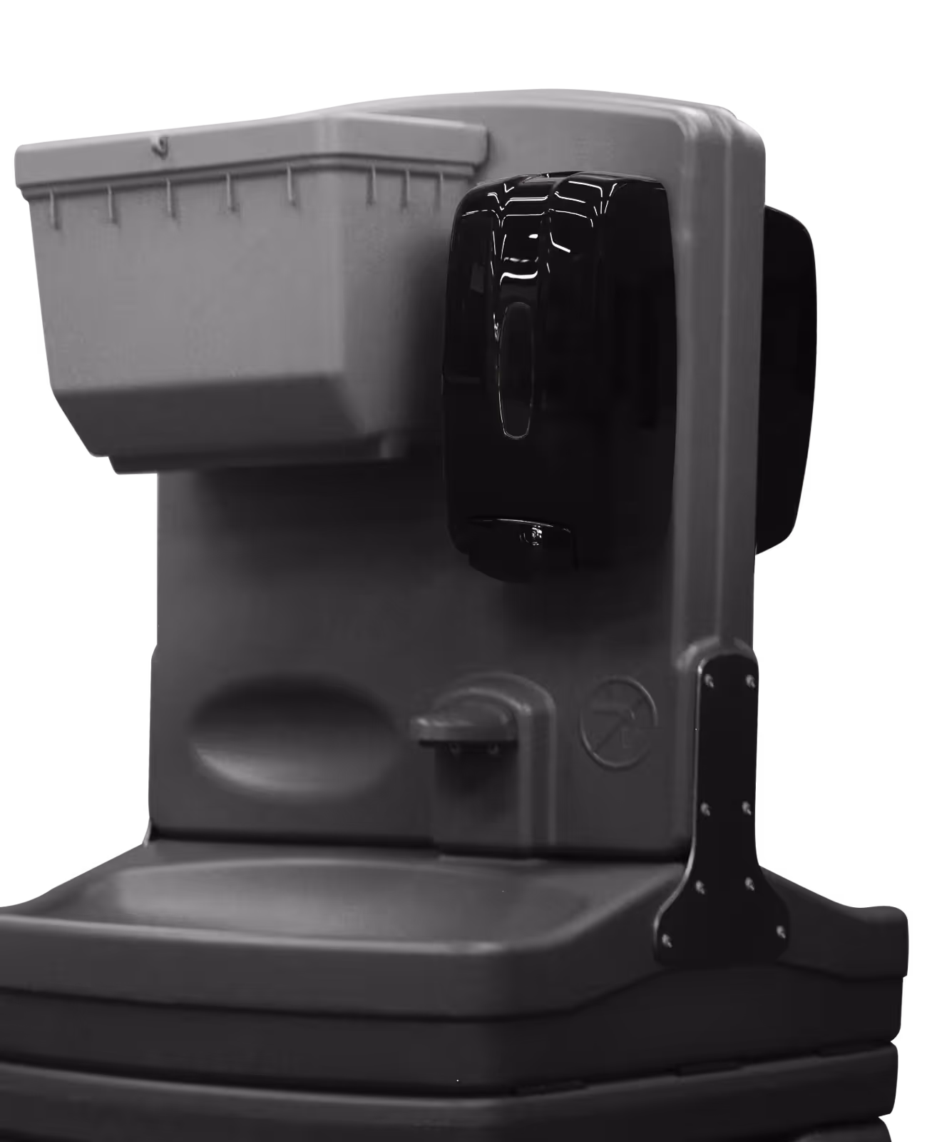 Portable handwashing station with sink, faucet, soap dispenser, and paper towel holder.