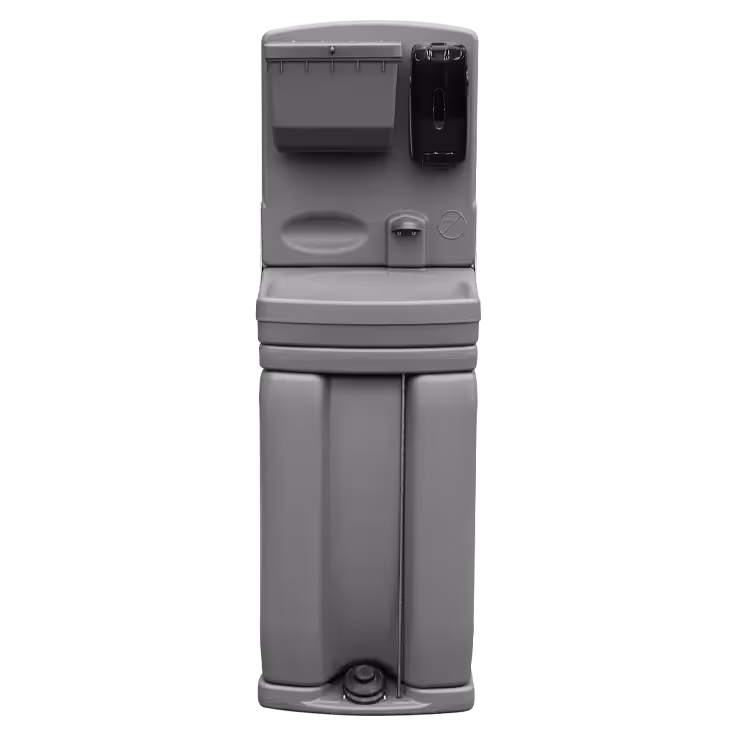 Gray portable handwashing station with soap dispenser and paper towel holder.