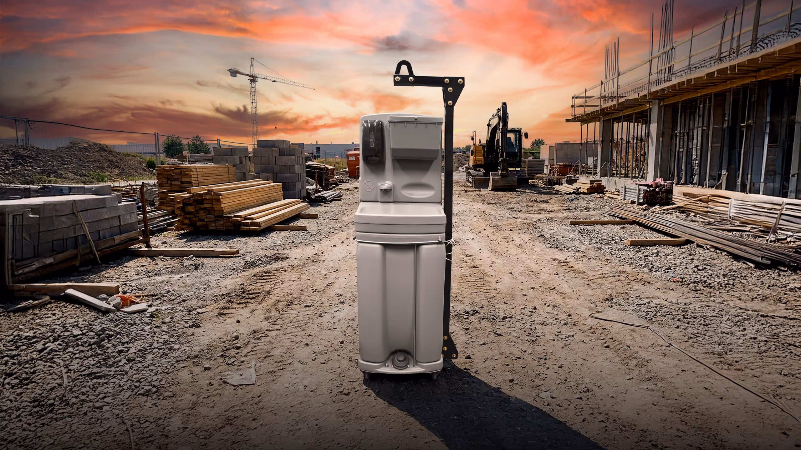 Portable handwashing station on a dirt path at a construction site with wood and machinery.