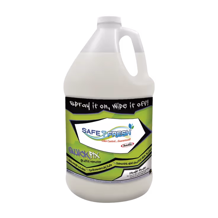 Gallon jug of SAFE T FRESH Quick Fix graffiti remover with green label and white cap.