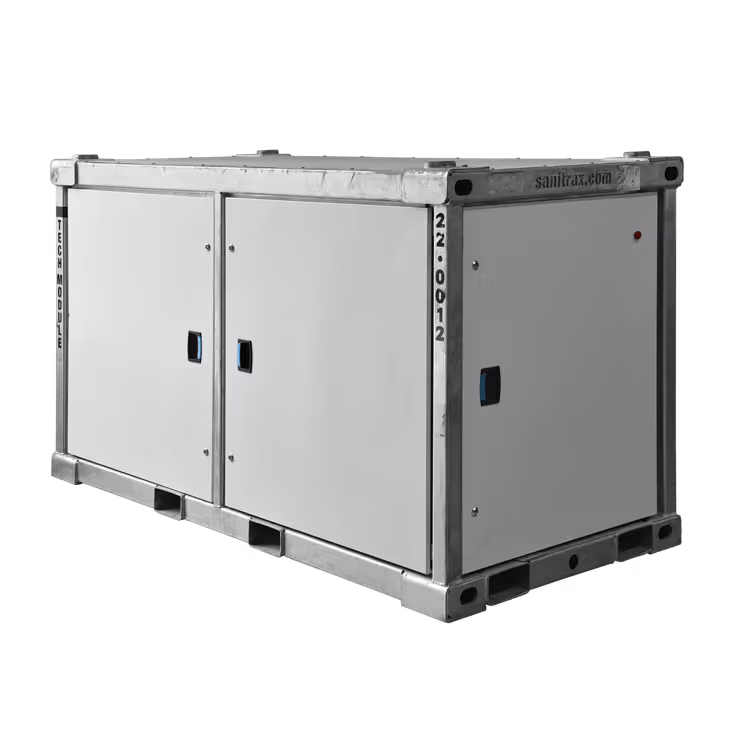 White rectangular industrial tech module container with metal frame and access handles.
