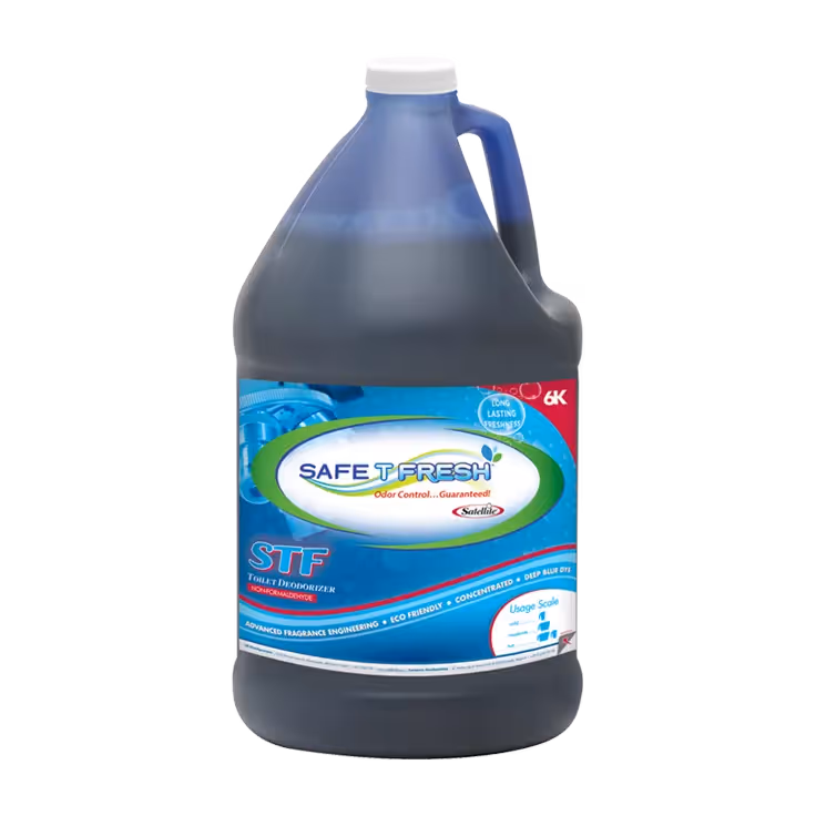 Large jug of Safe T Fresh toilet deodorizer with blue label and white cap.