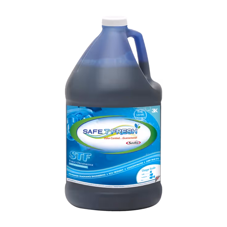 Large blue plastic jug of Safe T Fresh STF toilet deodorizer with long-lasting freshness label.