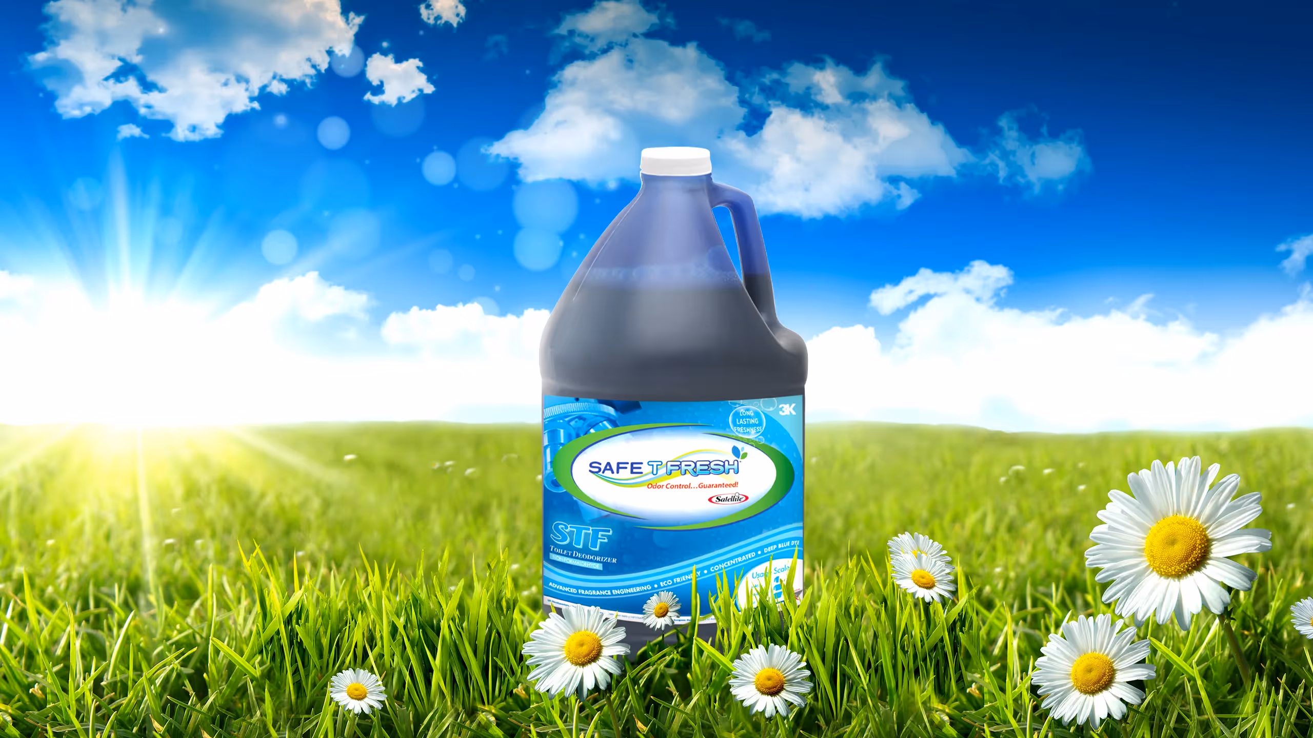 Large gallon jug of Safe T Fresh toilet deodorizer in a sunny green field with blue sky and white daisies.