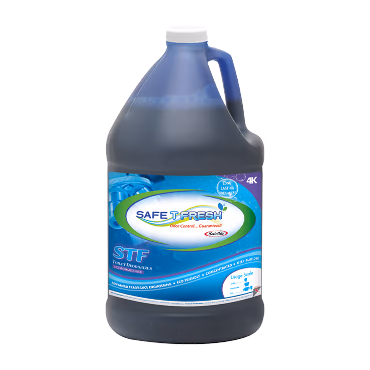 Large dark blue jug of Safe T Fresh STF toilet deodorizer with blue label and white cap.