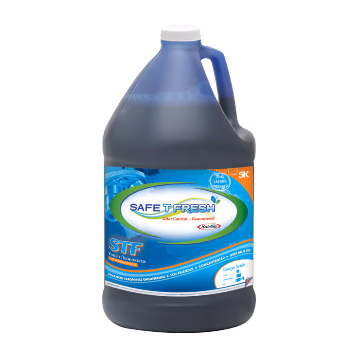 One-gallon jug of Safe T Fresh STF toilet deodorizer with blue label, for odor control and freshness.