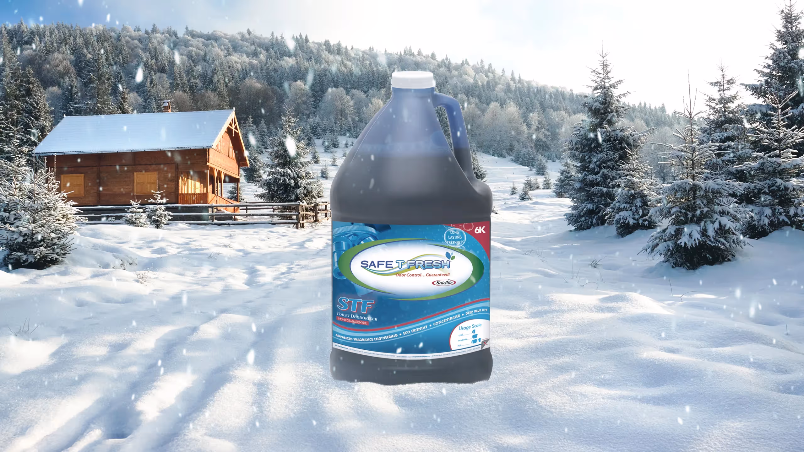 Large Safe T Fresh STF toilet deodorizer bottle over snowy landscape with cabin and pine trees.
