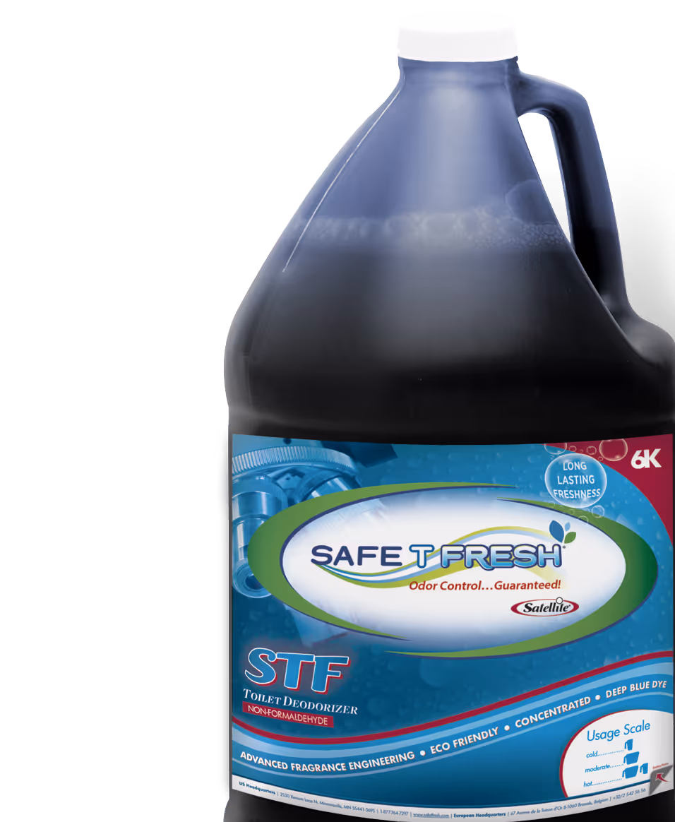 Large dark blue jug of Safe T Fresh STF toilet deodorizer with odor control and eco-friendly formula.