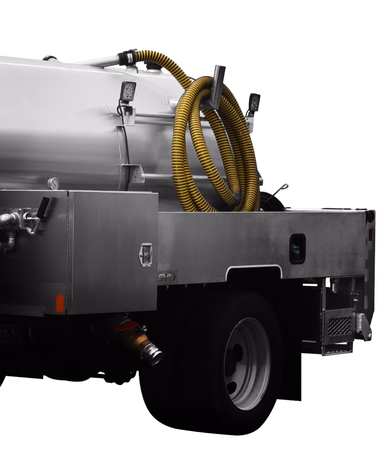 Rear side of a utility truck with a large silver tank, yellow coiled hose, and metal storage box.