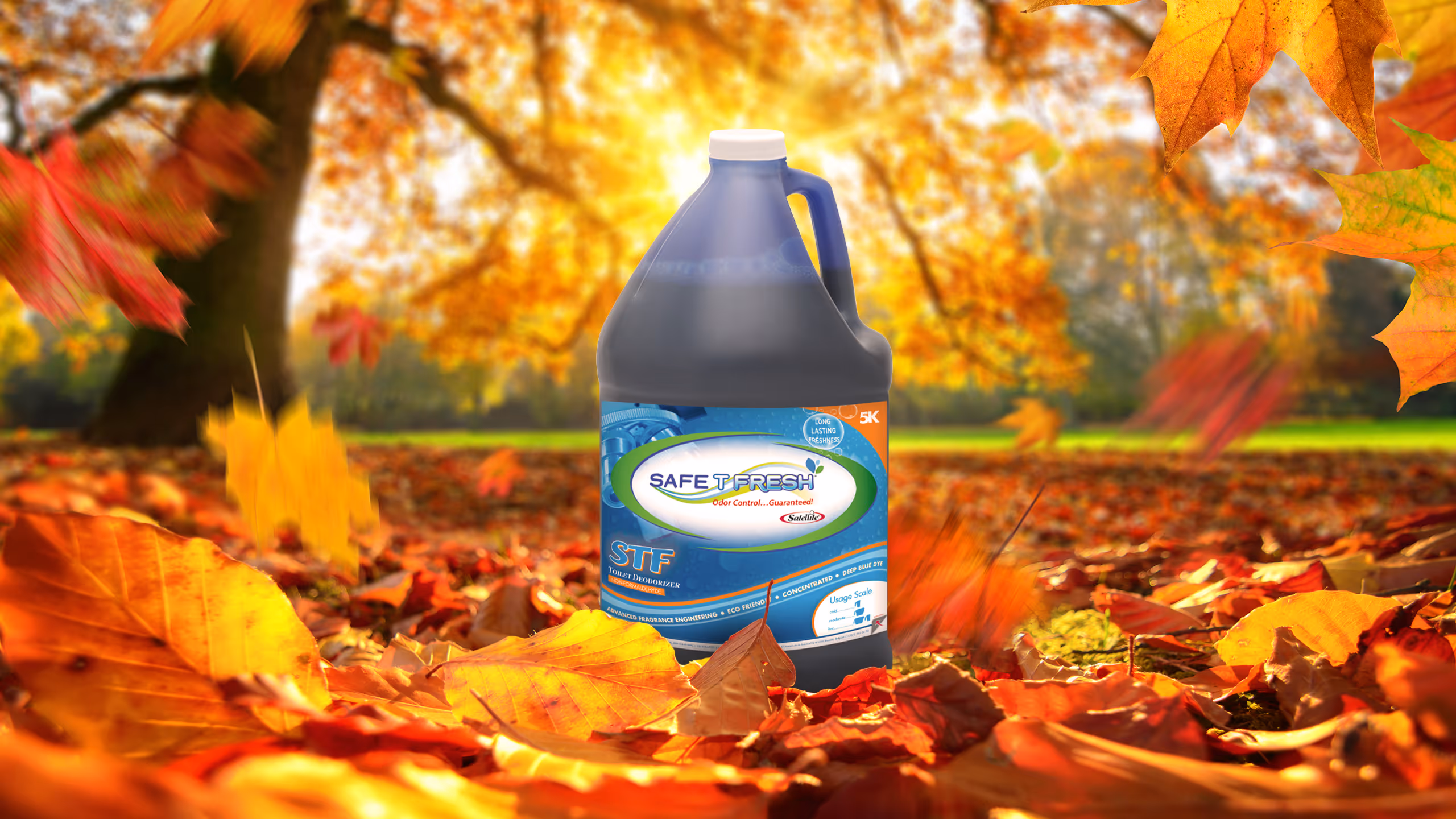 Blue gallon jug of Safe T Fresh STF toilet deodorizer surrounded by autumn leaves outdoors.