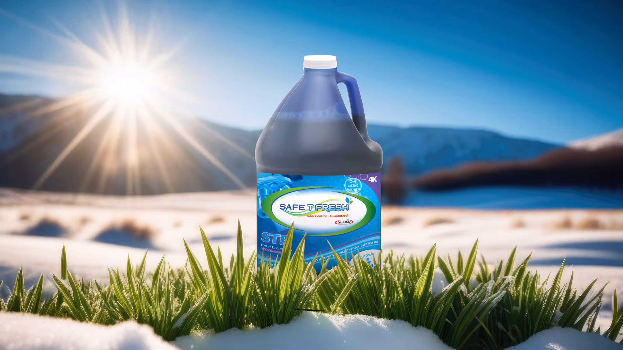 Large blue Safe T Fresh liquid deodorizer jug in snow with green grass under a bright sun and mountains.