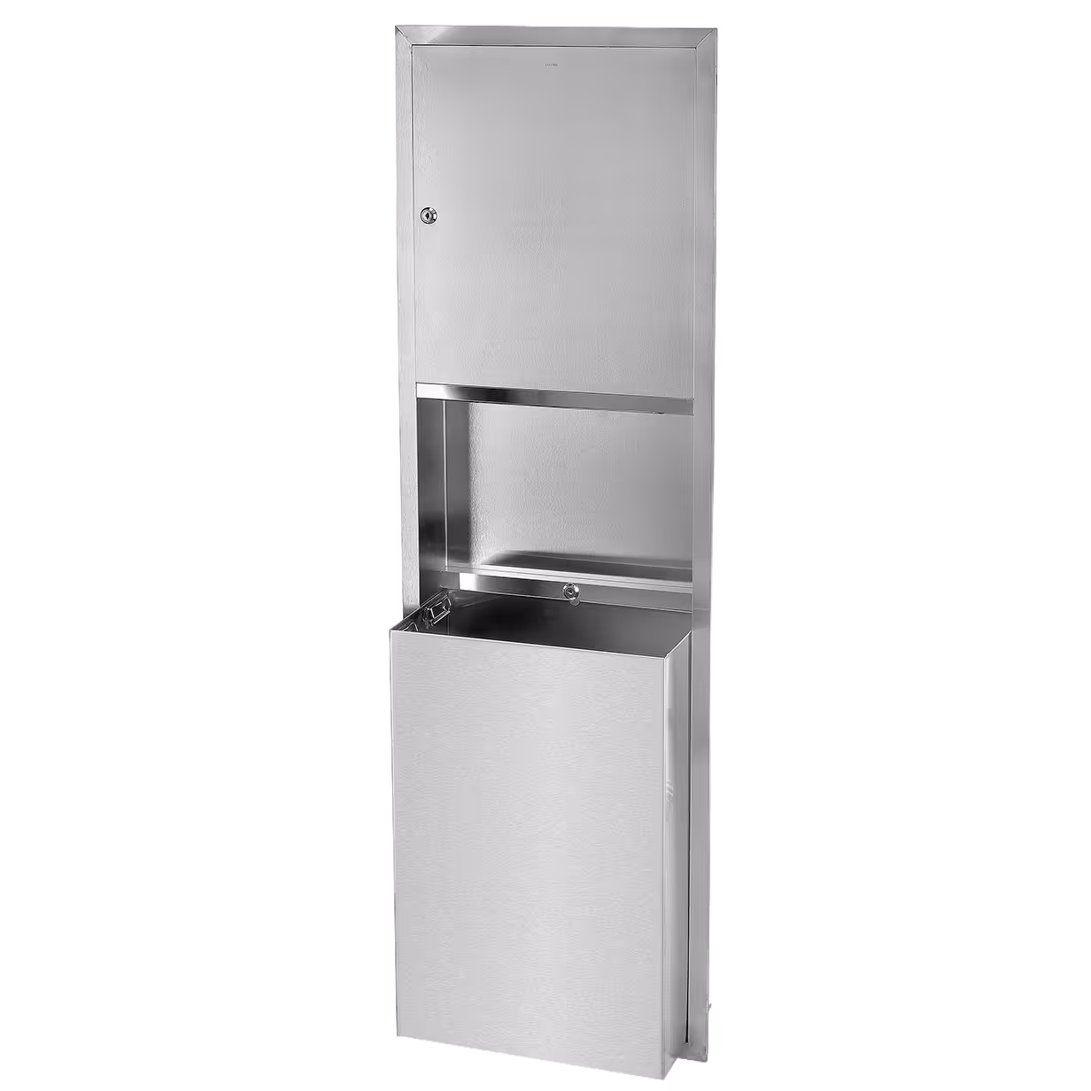 Wall-mounted stainless steel combination sanitary napkin disposal and recessed trash container.