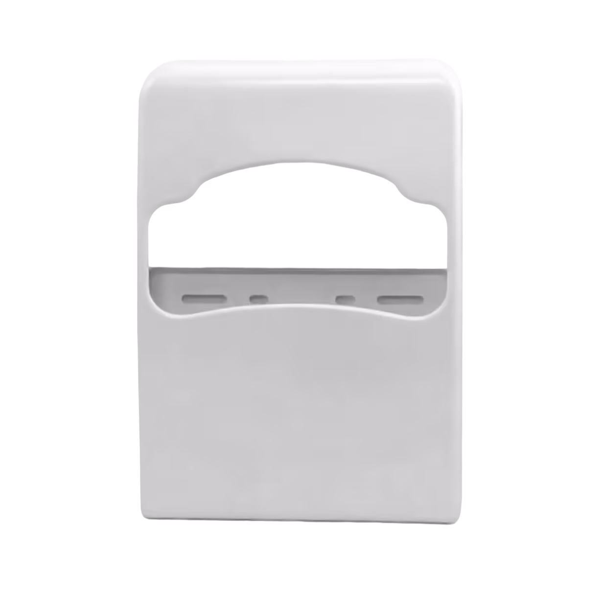 White plastic dispenser with a curved slot for dispensing folded seat covers.