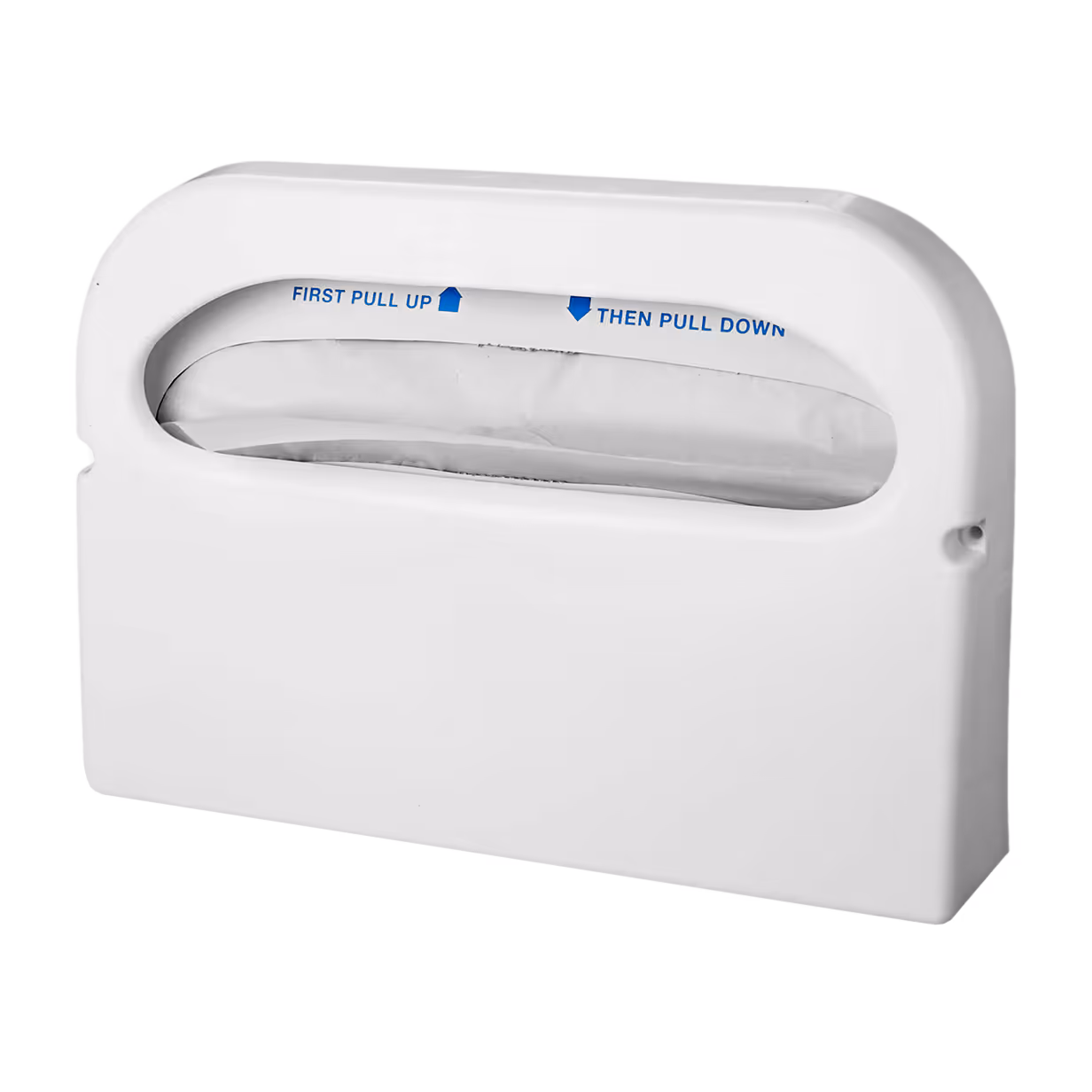White plastic dispenser box with seat covers visible and instructions to pull up then down.