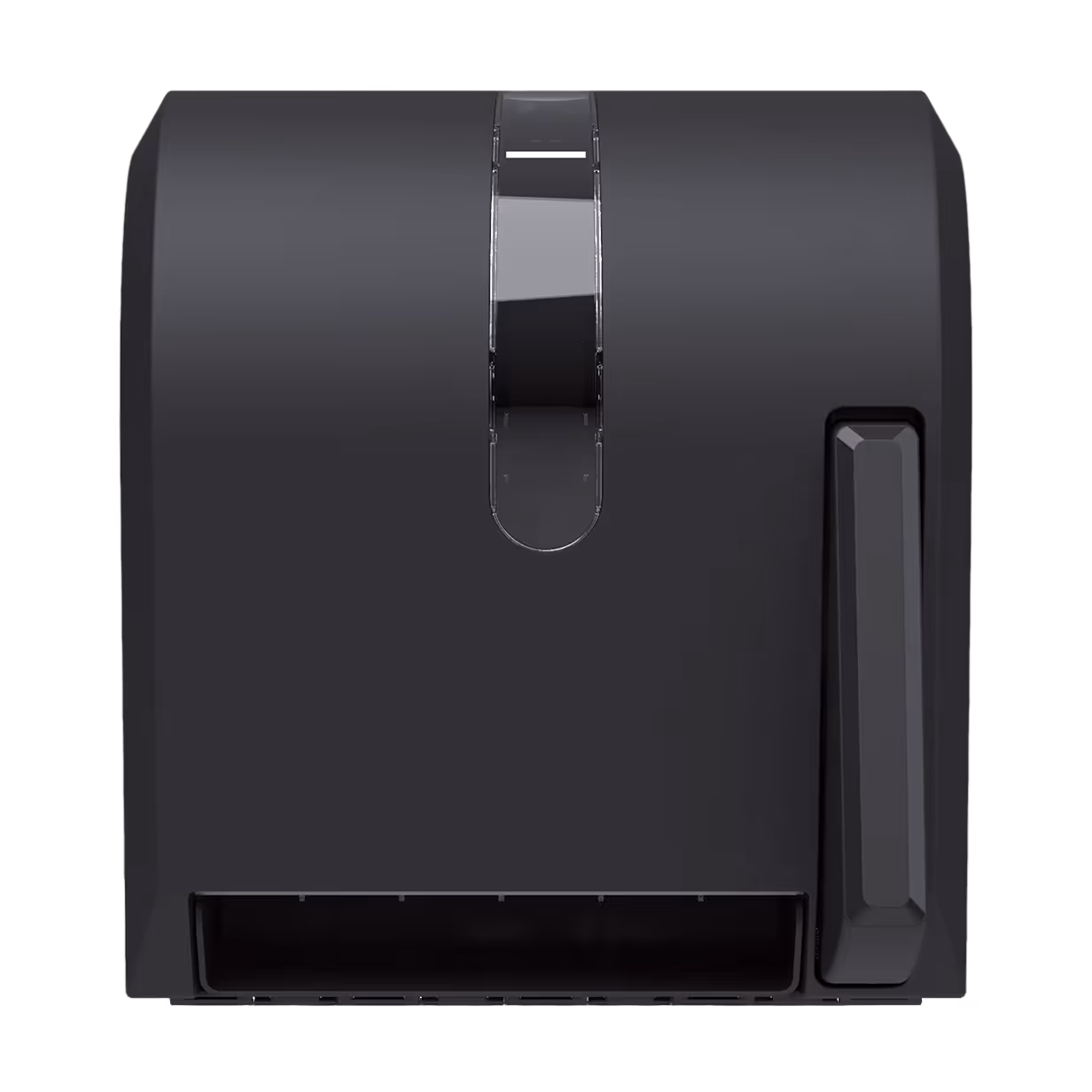Black manual paper towel dispenser with a transparent vertical strip and side lever.