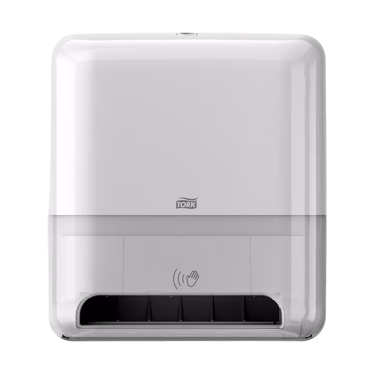 Tork electric paper towel dispenser with sensor and translucent lower cover.