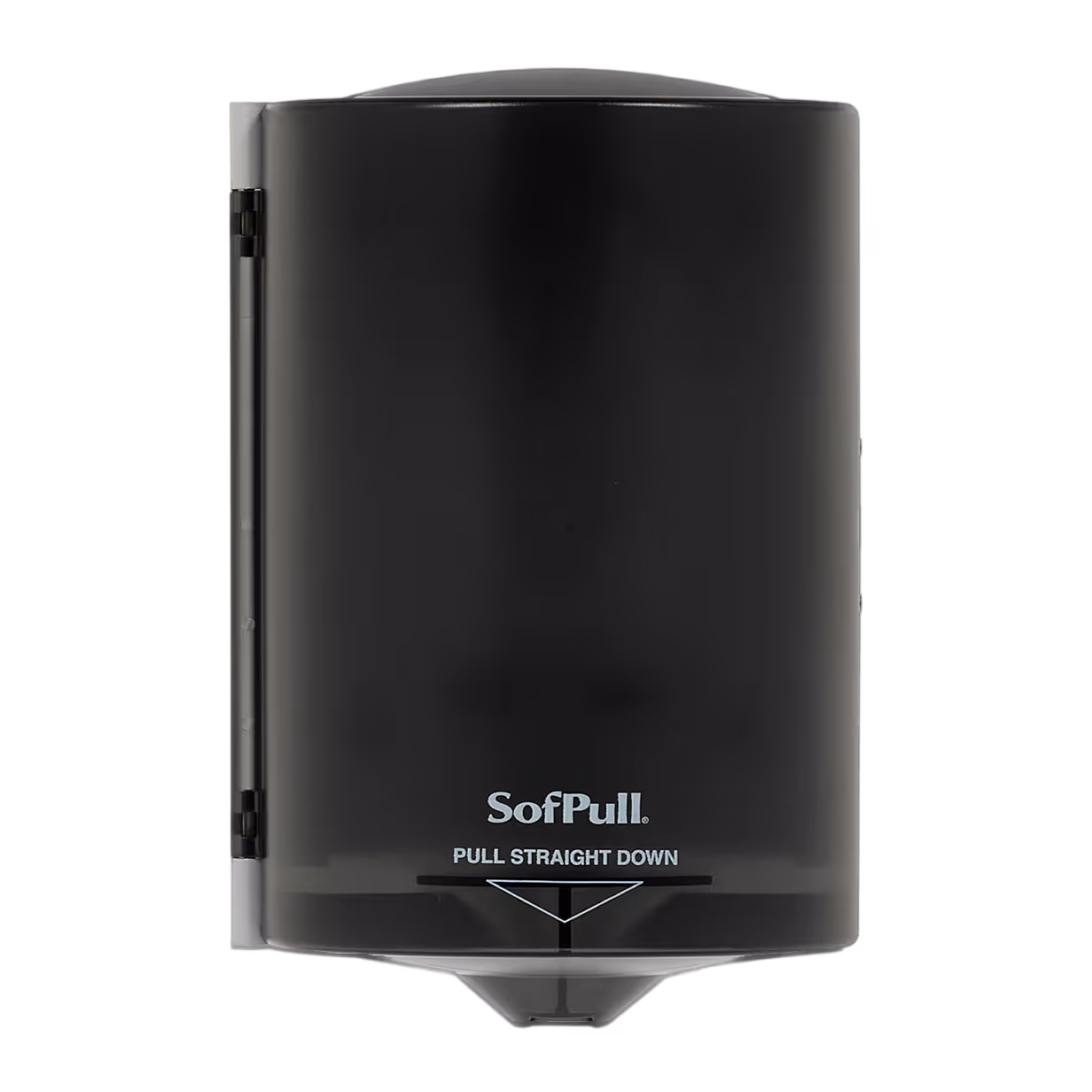 Black SofPull center-pull paper towel dispenser with pull straight down instruction.