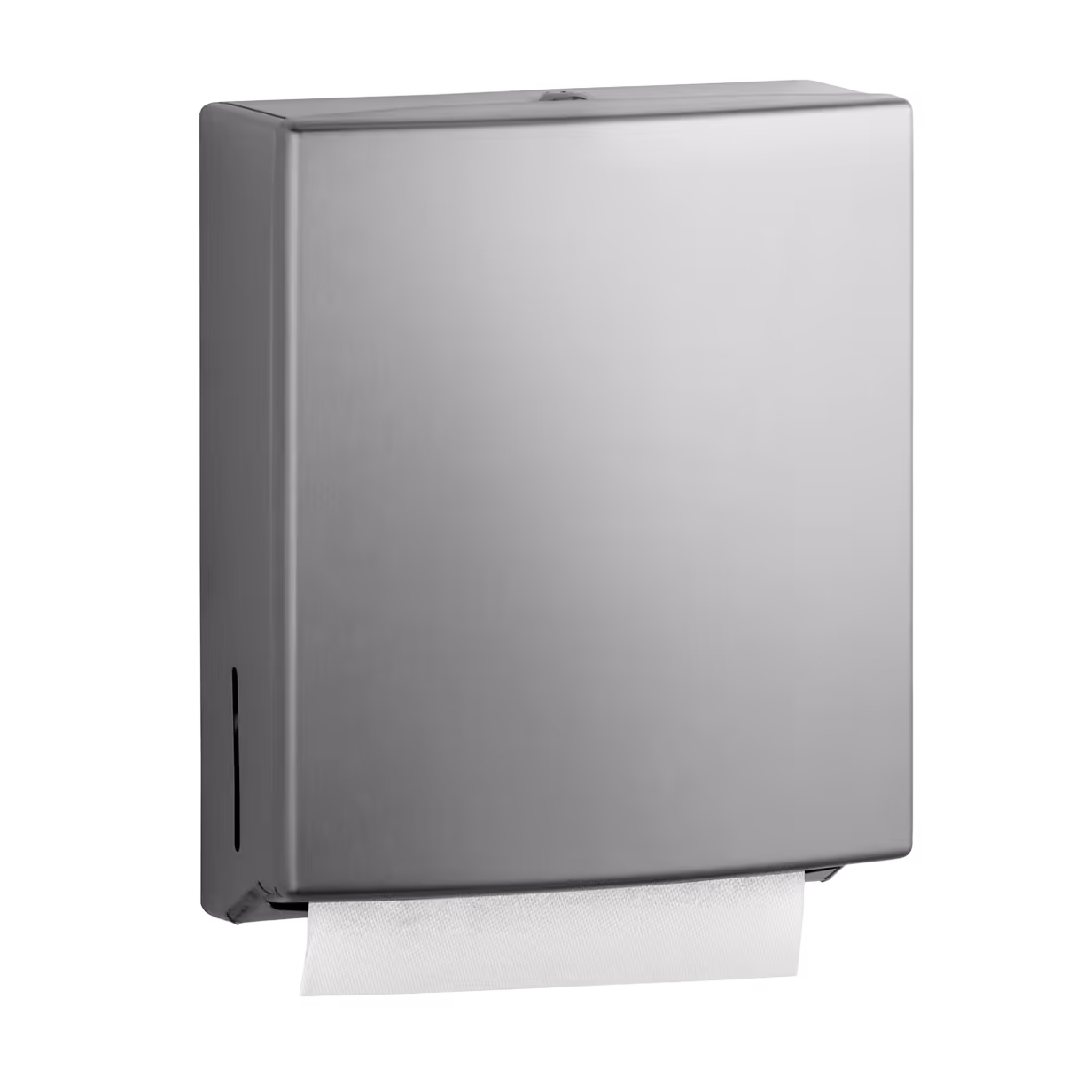 Stainless steel wall-mounted multi-fold paper towel dispenser with a visible paper towel.