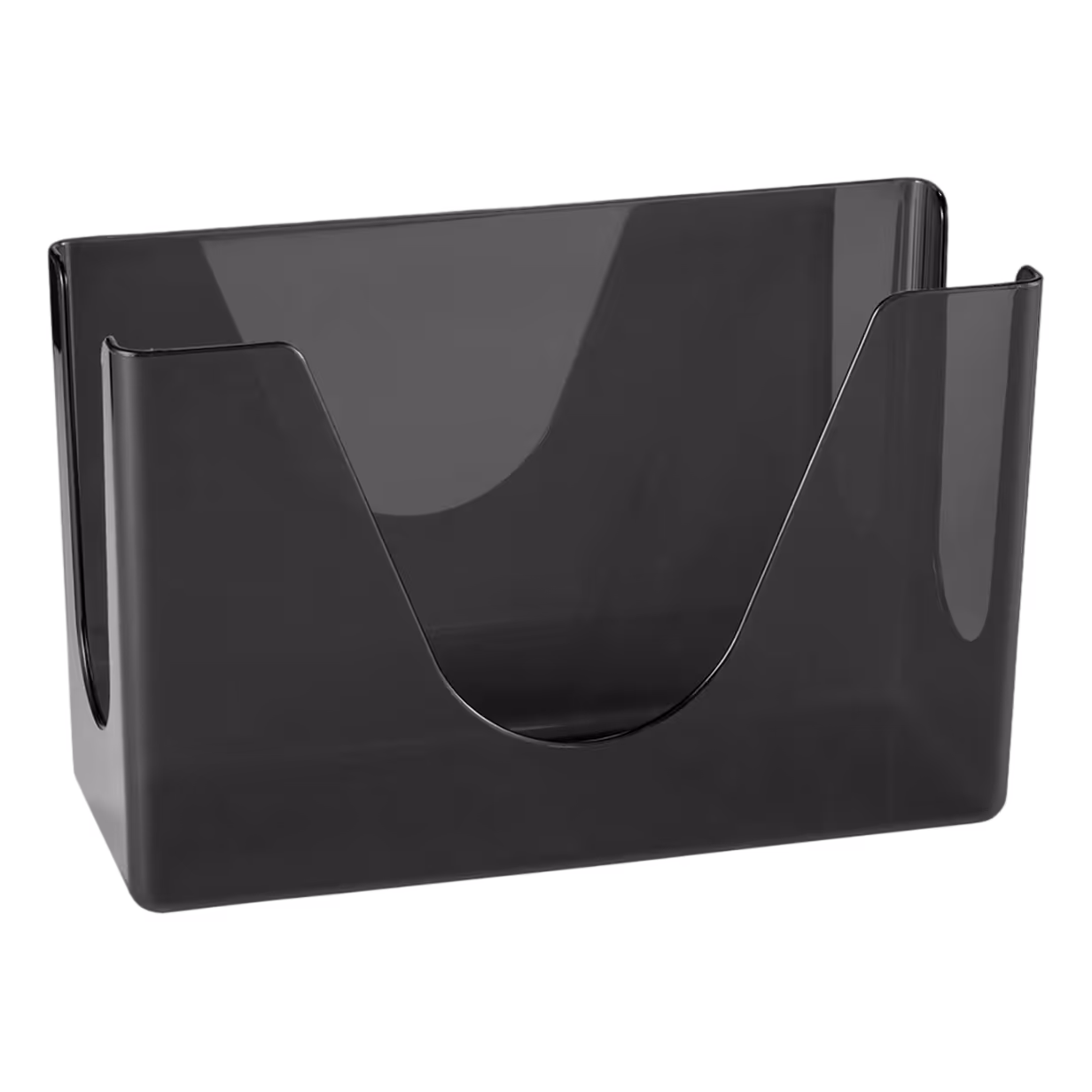 Black translucent plastic C-fold towel dispenser for wall mounting in restrooms.