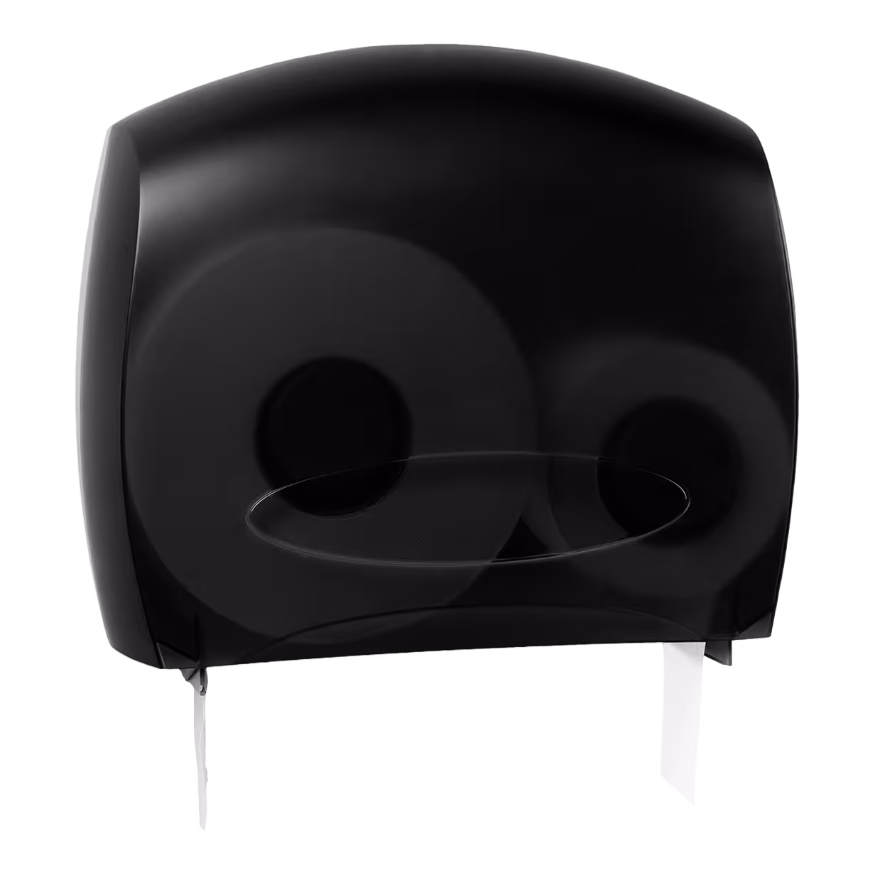 Black jumbo tissue dispenser with two visible paper rolls and sheets extending below.