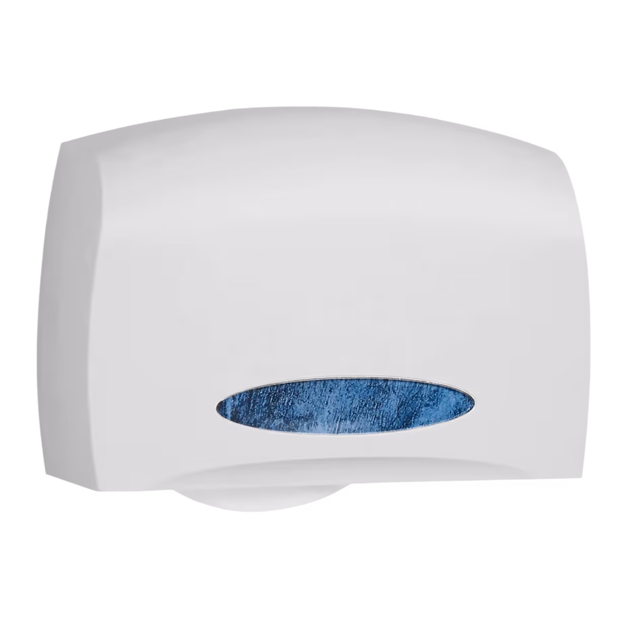 White coreless tissue dispenser with an oval blue window on the front.