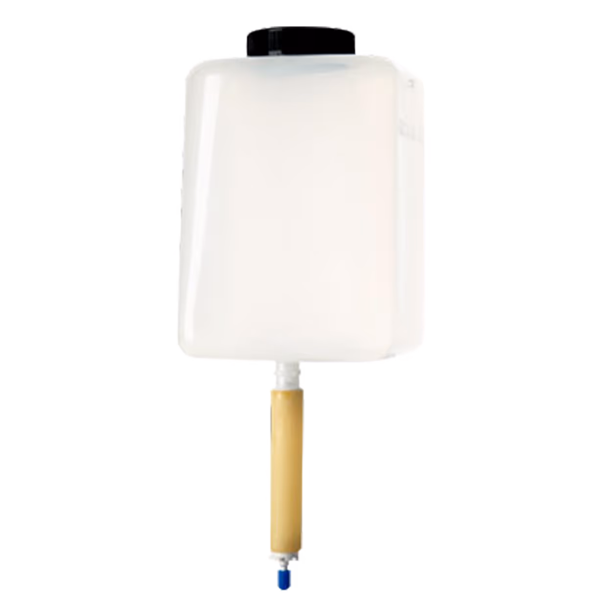 White rectangular liquid container with black cap and attached beige dispenser nozzle.