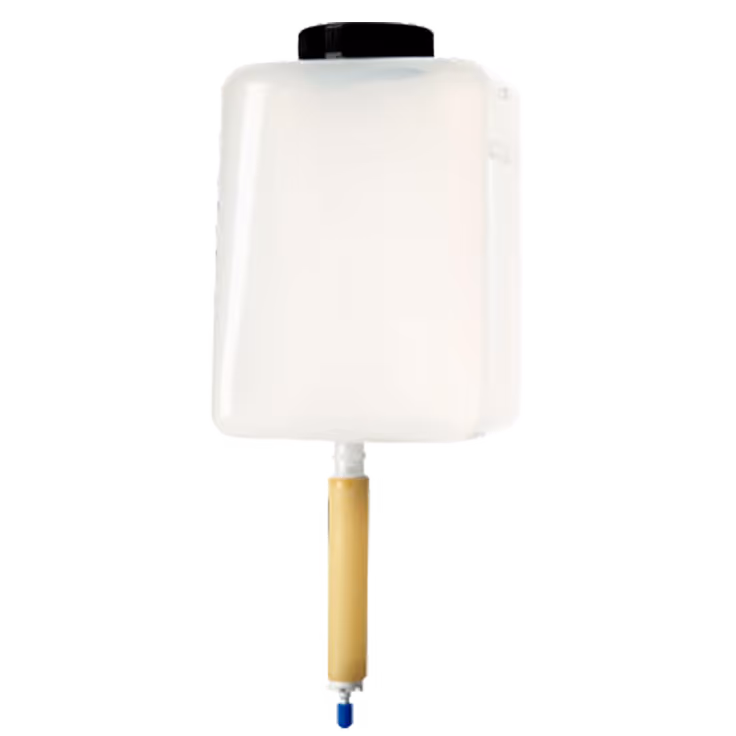 White translucent plastic container with a black cap and a beige handle attached at the bottom.