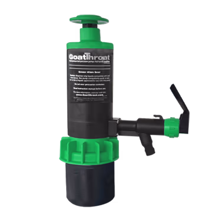 GoatThroat precision pump featuring a black body with green valve and handle components.