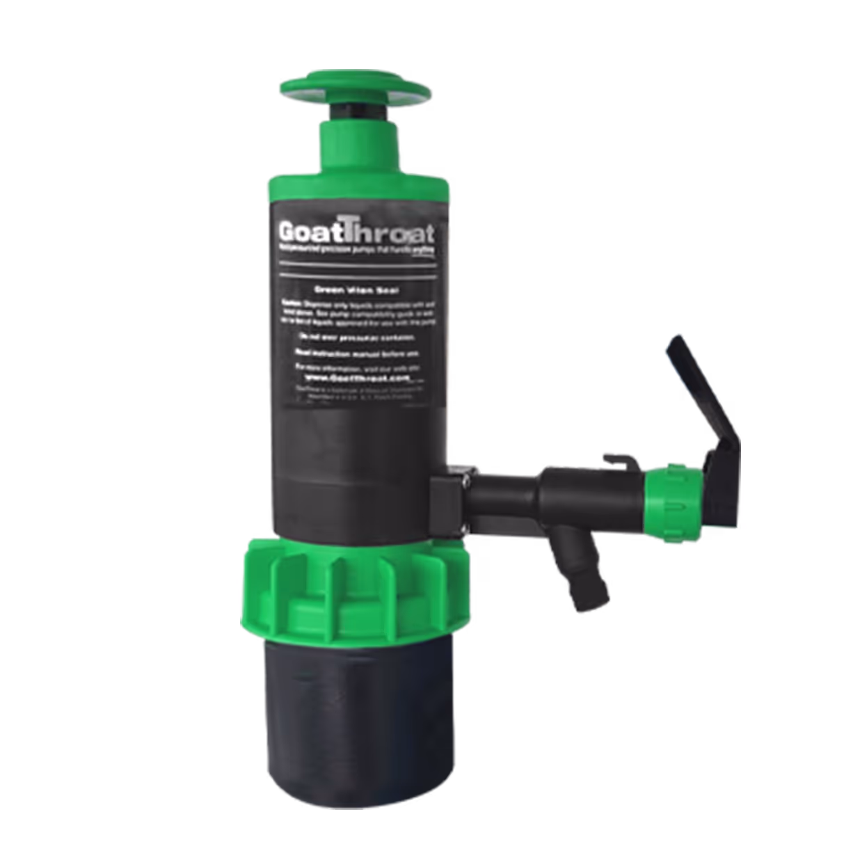 Black and green GoatThroat agriculture pump with nozzle and lever handle on the side.