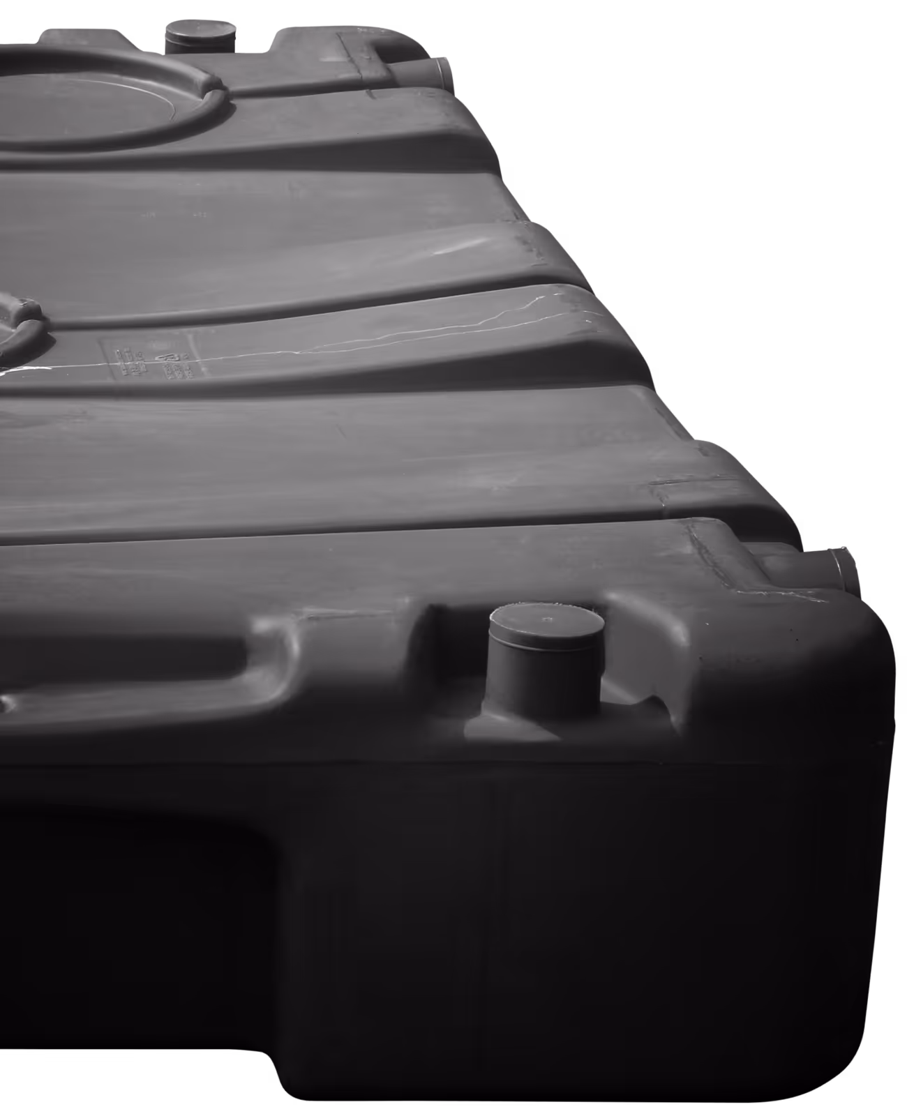 Close-up of an industrial plastic container with textured surface and structural details.