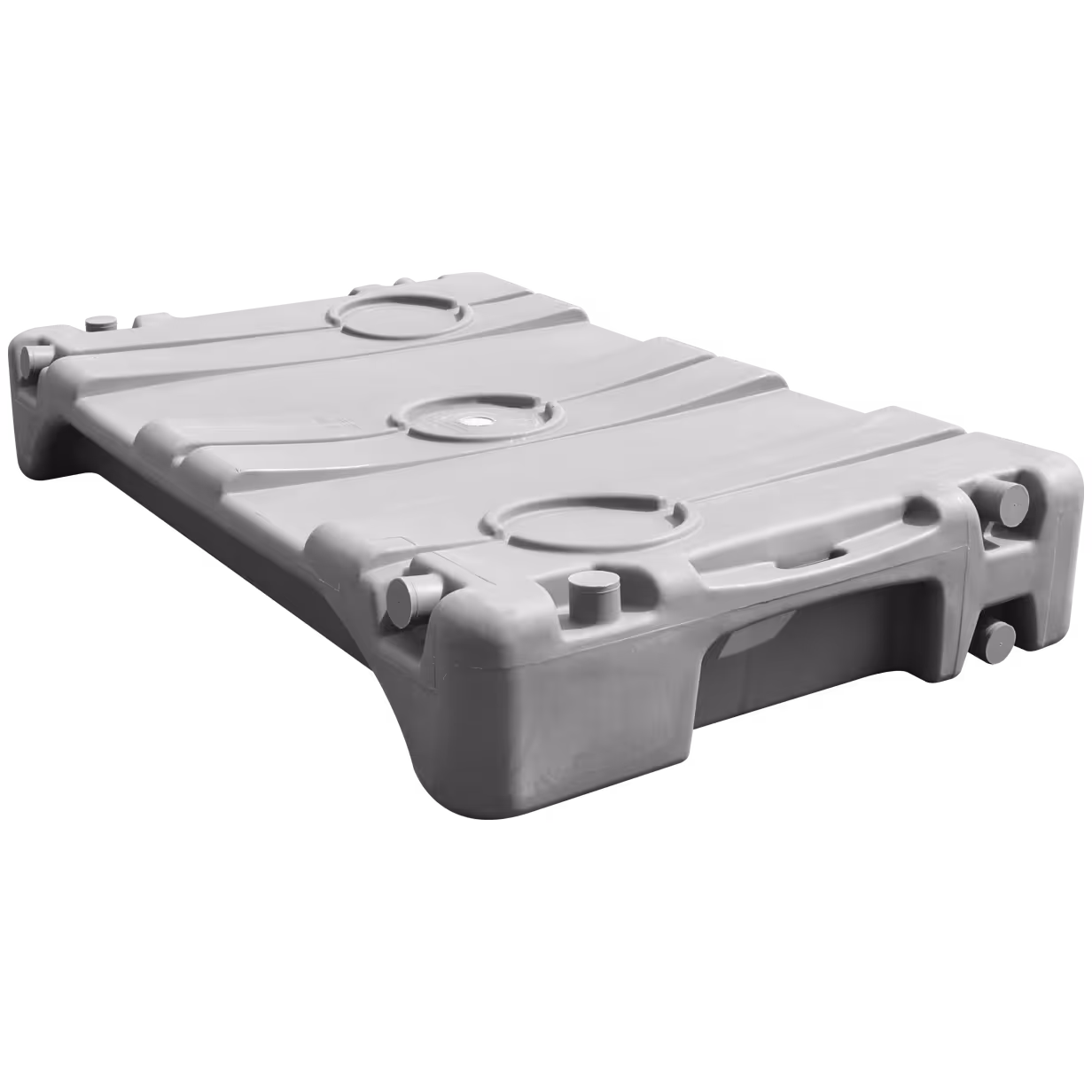 Large flat plastic container with circular indents and pipe connectors on the sides.