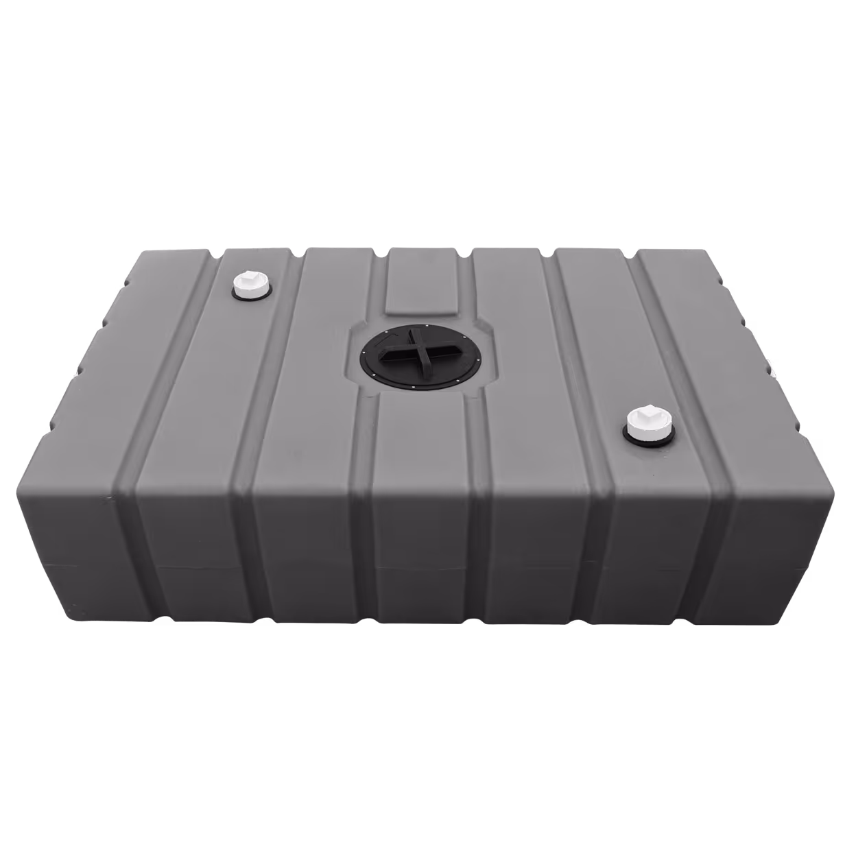 Rectangular plastic tank with two white caps and a central black vent on gravel ground.