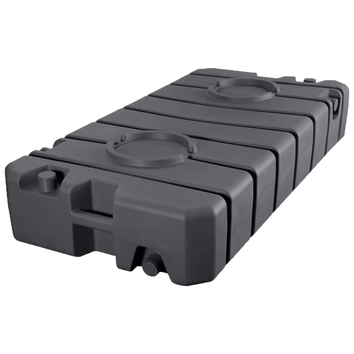 Large black rectangular plastic water tank with two circular access lids and molded handles.