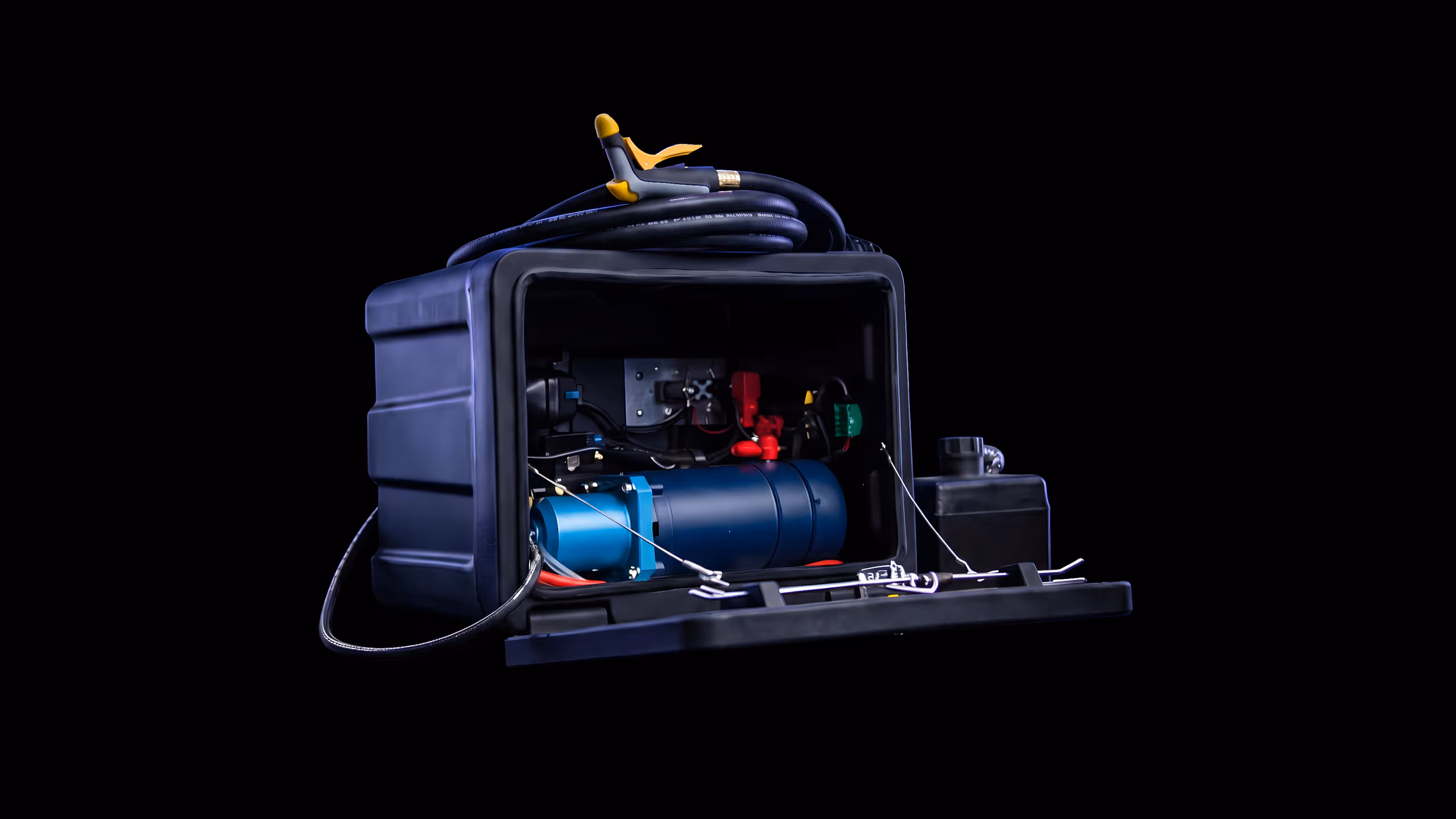 Open black box revealing a blue motor and coiled hose on top, set against a black background.