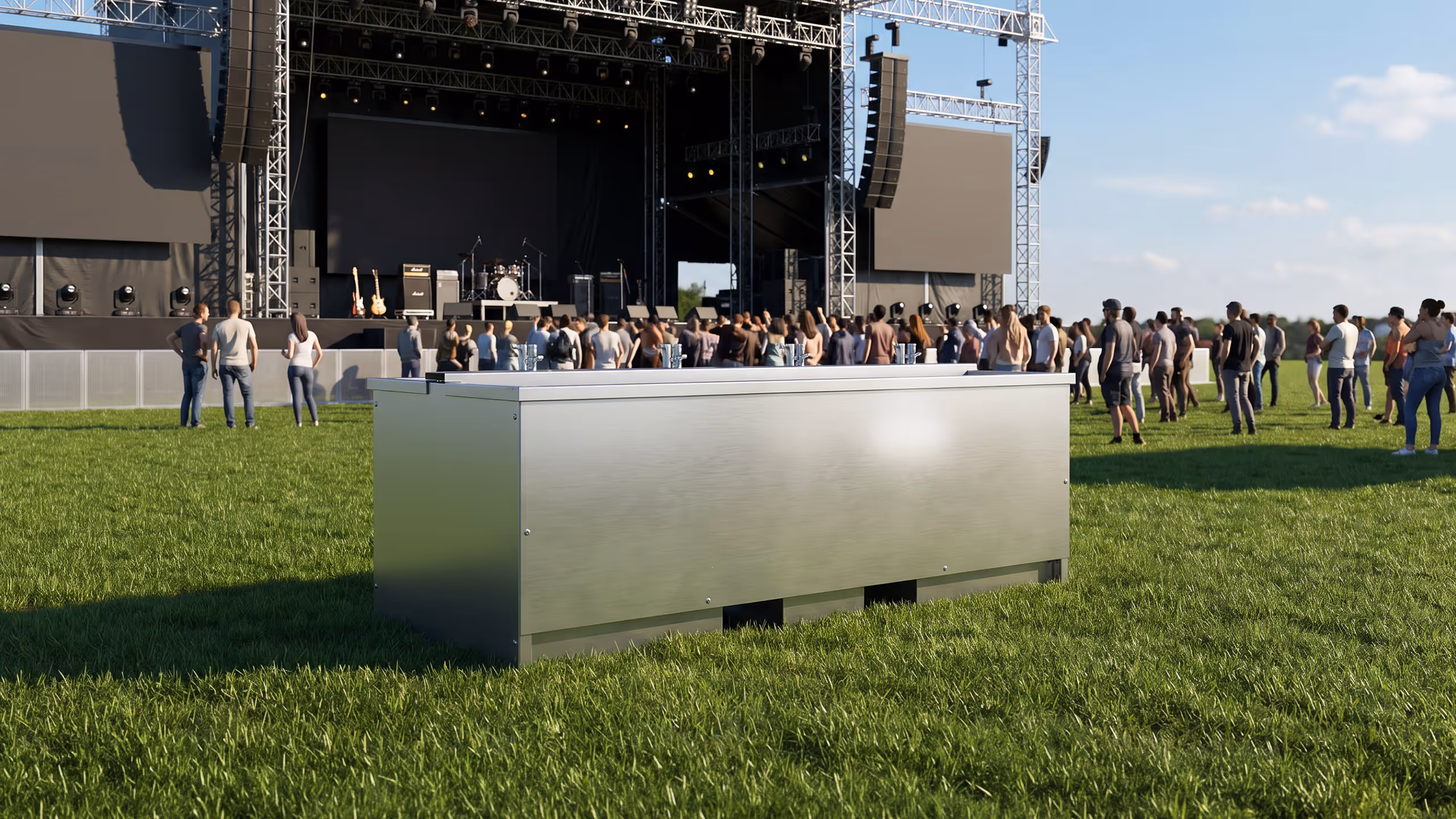 Metal drink station on grass in front of a stage with a crowd at an outdoor music event.