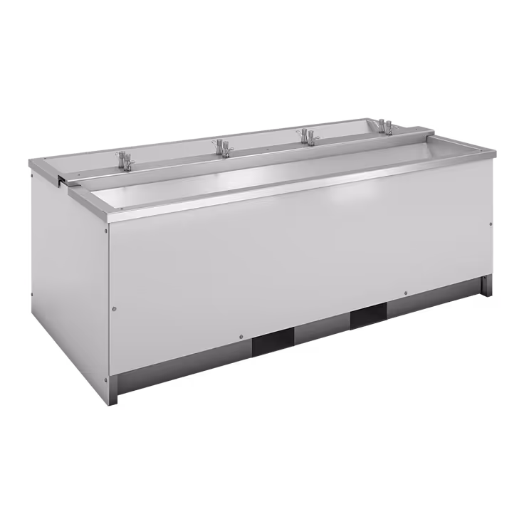 Stainless steel multi-station basin with three faucets and a long rectangular sink area.