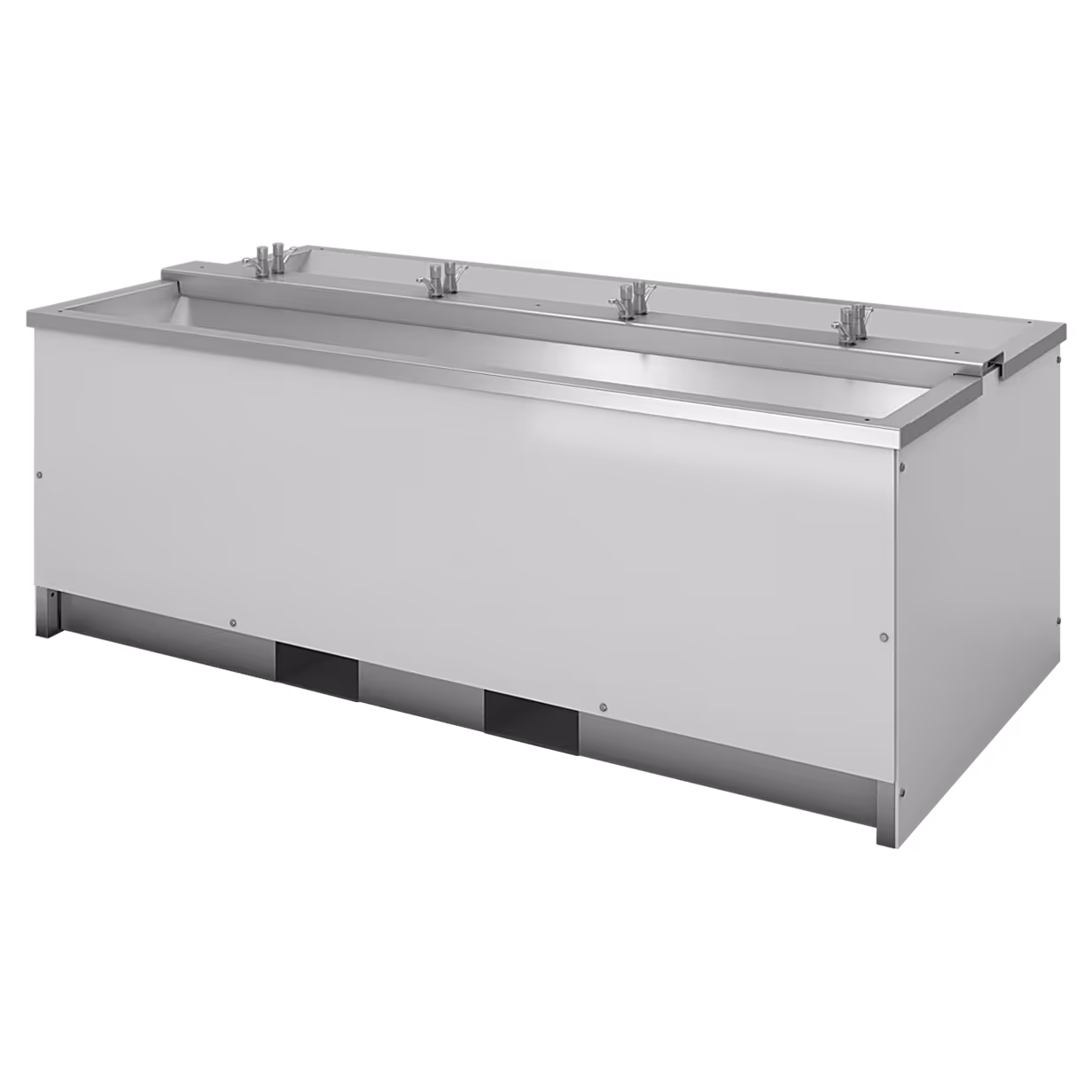 Large stainless steel trough-style handwashing sink with four faucet stations.