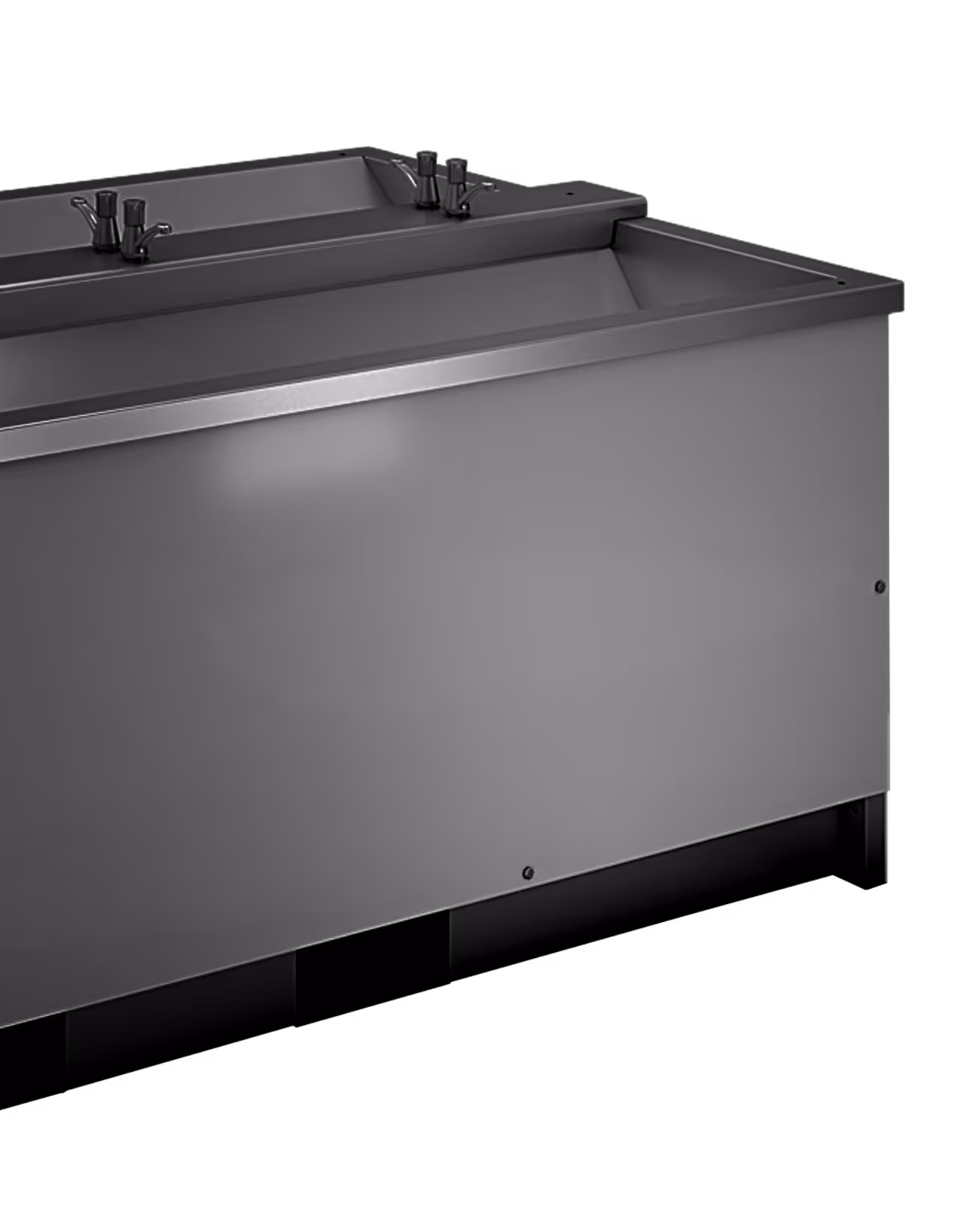 Double stainless steel utility sink with two faucets and a front splash guard.