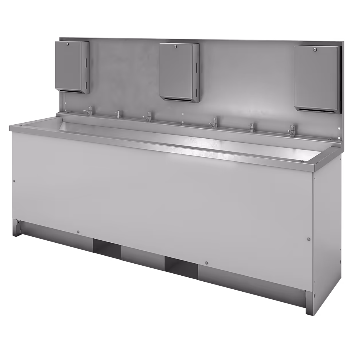 Large stainless steel multi-user handwashing station with four faucets and three wall-mounted soap dispensers.
