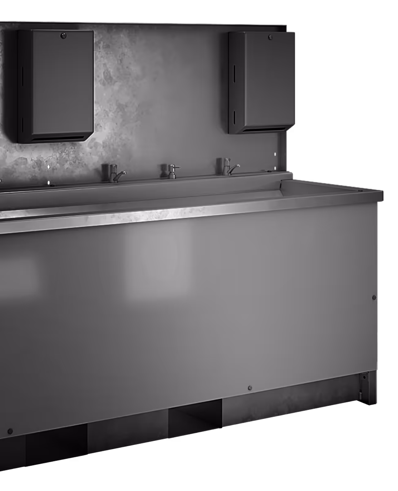 Long stainless steel utility sink with three faucets and two wall-mounted soap dispensers above.