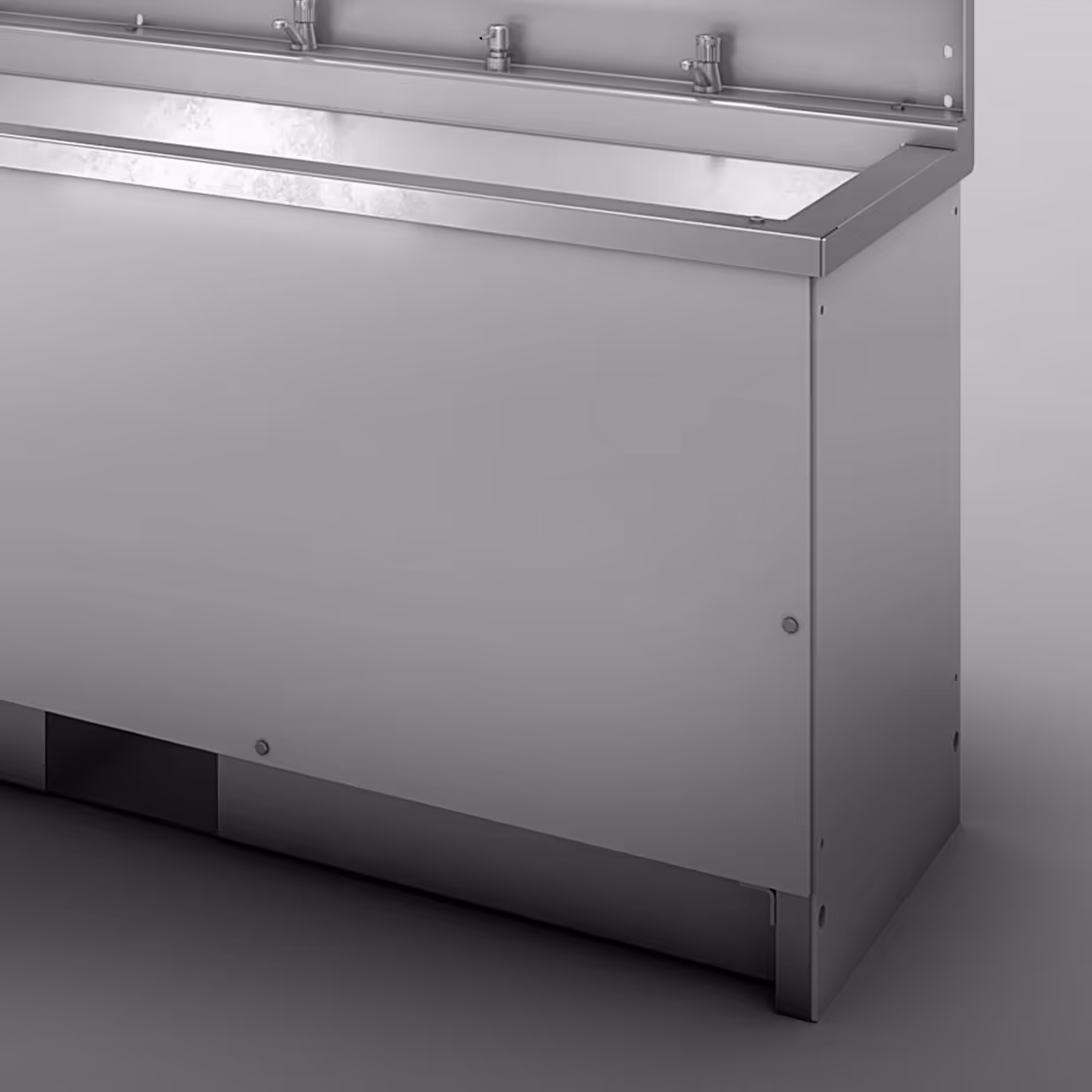A stainless steel utility sink unit with three faucets and a backsplash panel.