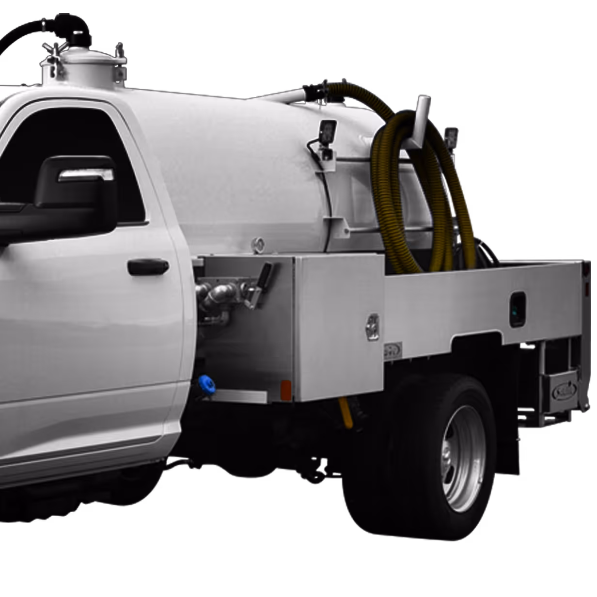 Side view of a white utility truck with a large cylindrical tank and coiled yellow hoses on the back.