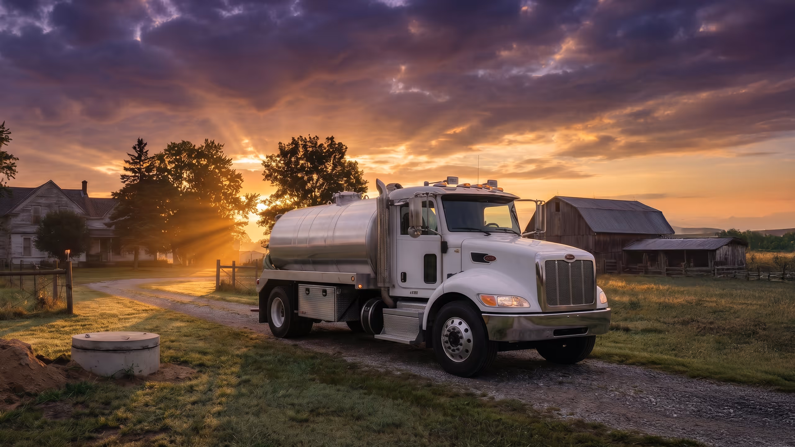 White septic service truck parked on gravel road with barn and house at colorful sunset.