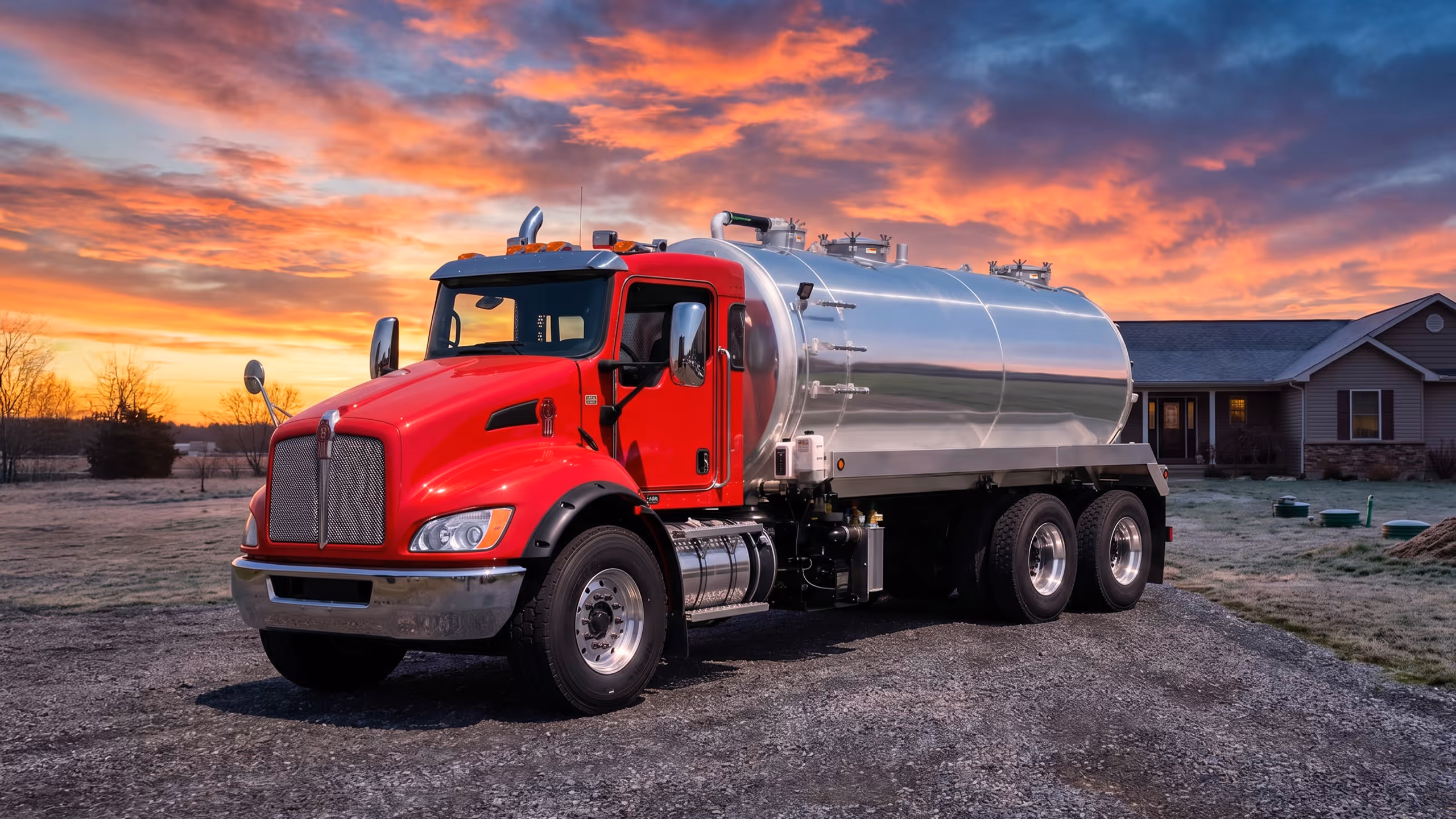 Red tanker truck parked on gravel driveway with house and vibrant sunset sky in background.