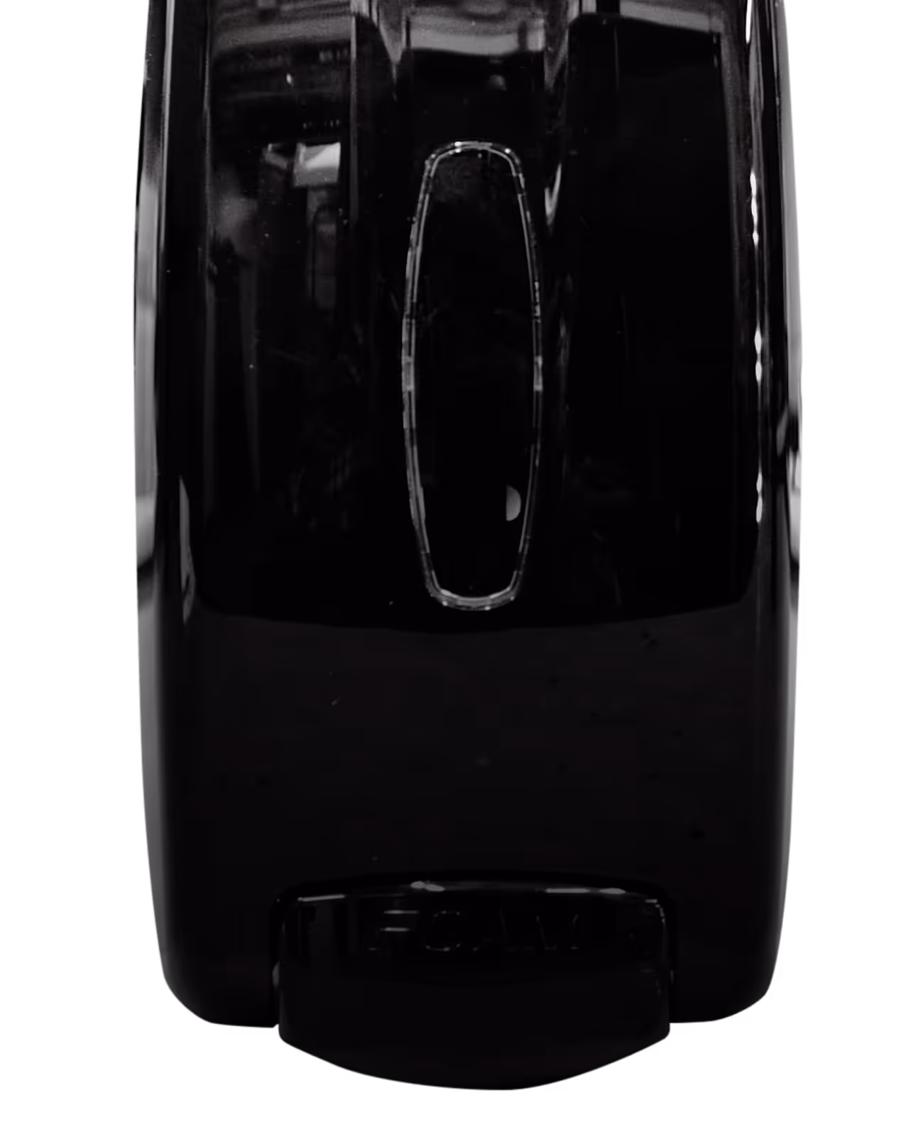 Black plastic universal dispenser with a sleek design and a narrow slot on the front.