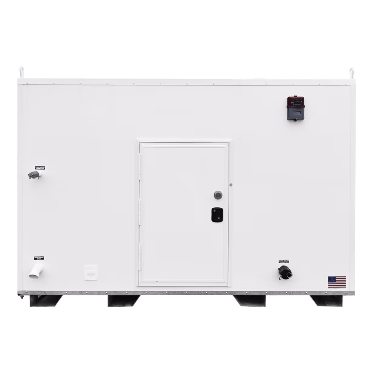 White industrial container with central door, pipe fittings, alarm, and a small American flag decal.