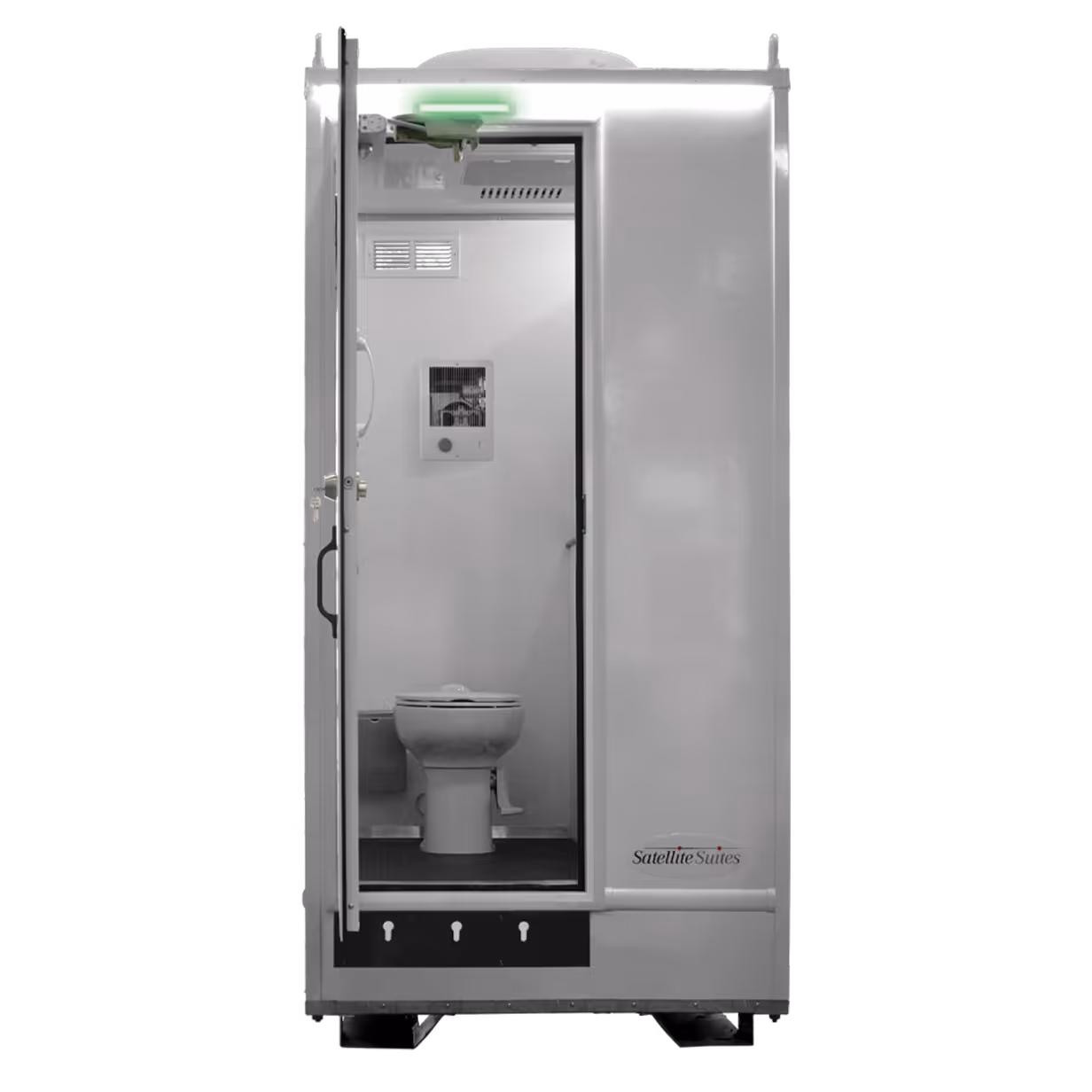 Open portable restroom unit showing toilet and ventilation fan inside from Satellite Suites.