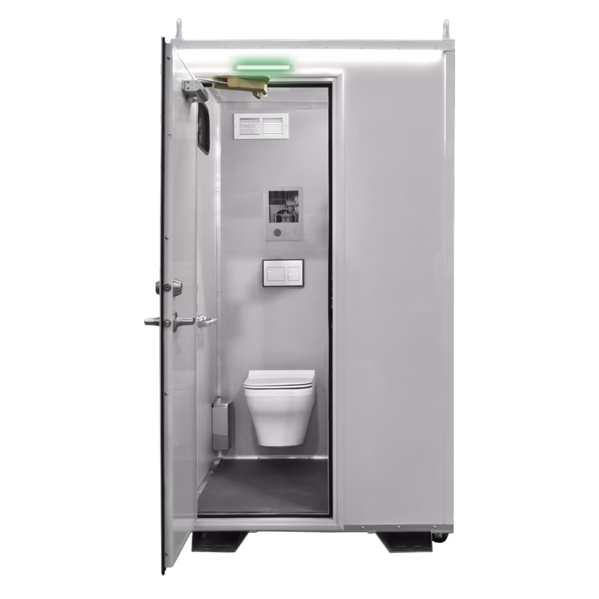 Modern portable restroom unit with open door showing wall-mounted toilet and controls.